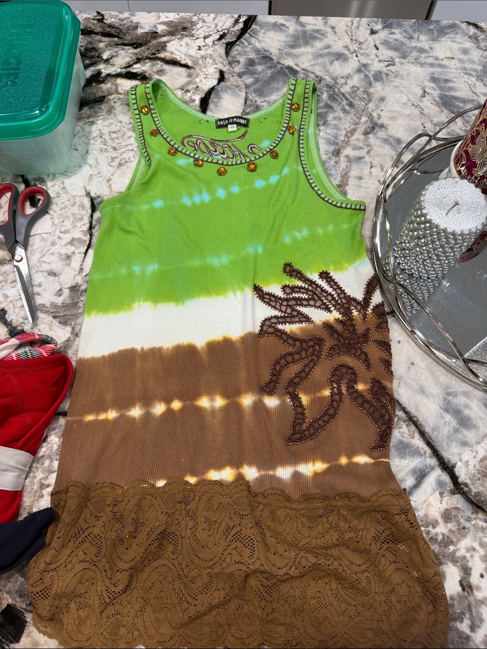 Beaded Tie-Dye Tank Top with Lace Hem - Green/White/Brown